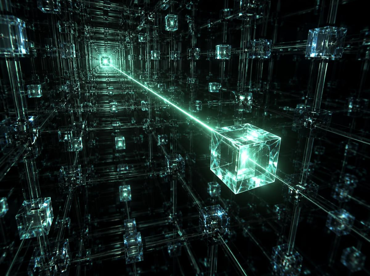 A beam of light reaching deep into the lattice and lifting one memory cell back out